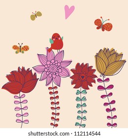 Un bonito fondo floral con canto de pájaros y mariposas. Tarjeta de felicitación de vectores