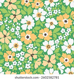 Cute floral background. Easter spring Floral pattern with small yellow and white flowers on a green background. Seamless pattern for design and fashion prints. Ditsy style. Stock vector illustration.