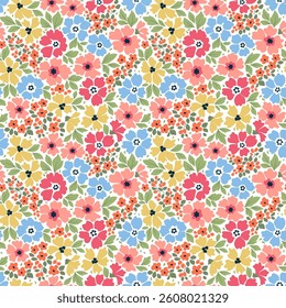 Cute floral background. Easter spring Floral pattern with small yellow, pink and blue flowers on a white background. Seamless pattern for design and fashion prints. Ditsy style. Stock vector