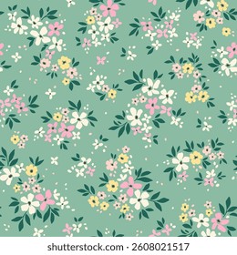 Cute floral background. Easter spring Floral pattern with small yellow, pink and white flowers on green gray background. Seamless pattern for design and fashion prints. Ditsy style. Stock vector 
