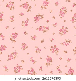 Cute floral background. Easter spring Floral pattern with small pink flowers on light pink background. Seamless pattern for design and fashion prints. Ditsy style. Stock vector illustration.
