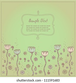 Cute floral background with fantasy spiral elements and flowers. Illustrated background with place for your text