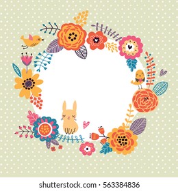 Cute floral background. Frame for text. greeting card. Flower composition with a hare and birds.