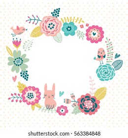 Cute floral background. Frame for text. greeting card. Flower composition with a hare and birds.