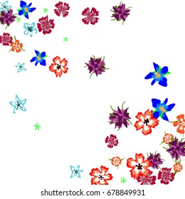 Cute Floral Background for Greeting Card, Flyer, Banner. Small Simple Flowers in Retro Style on White Background. Random Pattern.