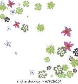 Cute Floral Background for Greeting Card, Flyer, Banner. Small Simple Flowers in Retro Style on White Background. Random Pattern.