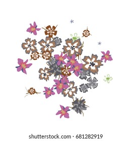 Cute Floral Background for Greeting Card, Flyer, Banner. Small Simple Flowers in Retro Style on White Background. Random Pattern.