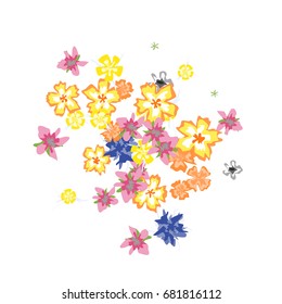 Cute Floral Background for Greeting Card, Flyer, Banner. Small Simple Flowers in Retro Style on White Background. Random Pattern.