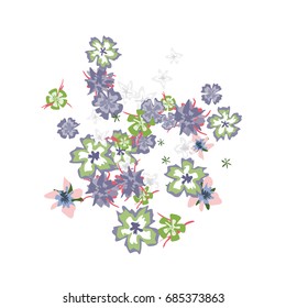 Cute Floral Background for Greeting Card, Flyer, Banner. Small Simple Flowers in Retro Style on White Background. Random Pattern.