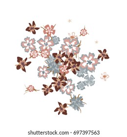 Cute Floral Background for Greeting Card, Flyer, Banner. Small Simple Flowers in Retro Style on White Background. Random Pattern.