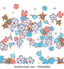 Cute Floral Background for Greeting Card, Flyer, Banner. Small Simple Flowers in Retro Style on White Background. Random Pattern.