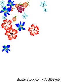 Cute Floral Background for Greeting Card, Flyer, Banner. Small Simple Flowers in Retro Style on White Background. Random Pattern.