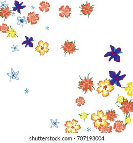 Cute Floral Background for Greeting Card, Flyer, Banner. Small Simple Flowers in Retro Style on White Background. Random Pattern.