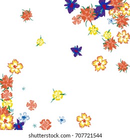 Cute Floral Background for Greeting Card, Flyer, Banner. Small Simple Flowers in Retro Style on White Background. Random Pattern.