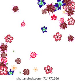 Cute Floral Background for Greeting Card, Flyer, Banner. Small Simple Flowers in Retro Style on White Background. Random Pattern.