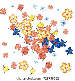 Cute Floral Background for Greeting Card, Flyer, Banner. Small Simple Flowers in Retro Style on White Background. Random Pattern.
