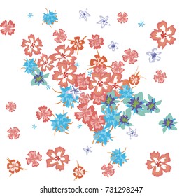 Cute Floral Background for Greeting Card, Flyer, Banner. Small Simple Flowers in Retro Style on White Background. Random Pattern.