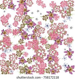 Cute Floral Background for Greeting Card, Flyer, Banner. Small Simple Flowers in Retro Style on White Background. Random Pattern.