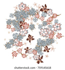 Cute Floral Background for Greeting Card, Flyer, Banner. Small Simple Flowers in Retro Style on White Background. Random Pattern.