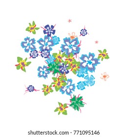 Cute Floral Background for Greeting Card, Flyer, Banner. Small Simple Flowers in Retro Style on White Background. Random Pattern.