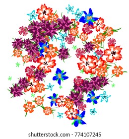 Cute Floral Background for Greeting Card, Flyer, Banner. Small Simple Flowers in Retro Style on White Background. Random Pattern.