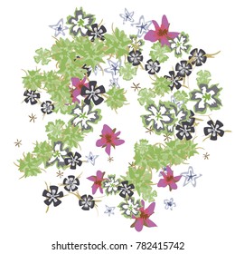 Cute Floral Background for Greeting Card, Flyer, Banner. Small Simple Flowers in Retro Style on White Background. Random Pattern.
