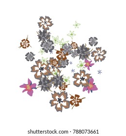 Cute Floral Background for Greeting Card, Flyer, Banner. Small Simple Flowers in Retro Style on White Background. Random Pattern.