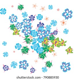 Cute Floral Background for Greeting Card, Flyer, Banner. Small Simple Flowers in Retro Style on White Background. Random Pattern.