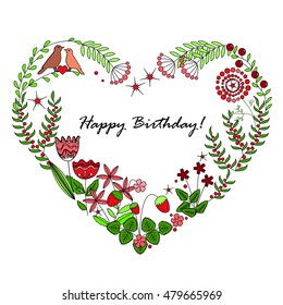 Cute floral background with a heart shape frame. Happy Birthday card
