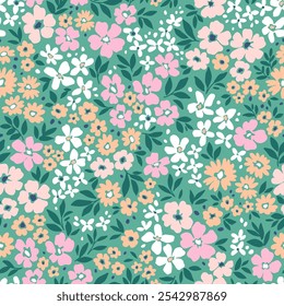 Lindo fondo floral. Patrón floral con Pequeñas flores de color rosa pastel y coral sobre un fondo verde azul. Patrón sin fisuras para el diseño y estampados de moda. Estilo sucio. Ilustración vectorial de stock.