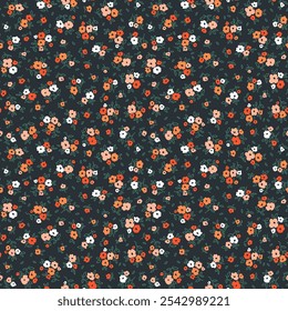 Fundo floral bonito. Padrão floral com pequenas flores laranja, brancas e de coral em um fundo azul escuro. Padrão perfeito para impressões de design e moda. Estilo Ditsy. Ilustração do vetor de estoque.