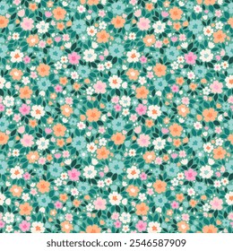 Cute floral background. Floral pattern with small pastel coral flowers on a blue background. Seamless pattern for design and fashion prints. Ditsy style. Stock vector illustration.