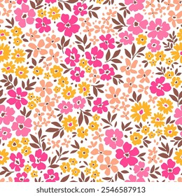 Fundo floral bonito. Padrão floral com pequenas flores amarelas e rosa em um fundo branco. Padrão perfeito para impressões de design e moda. Estilo Ditsy. Ilustração do vetor de estoque.