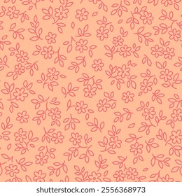 Cute floral background. Floral pattern with small red flowers on a coral pink background. Seamless pattern for design and fashion prints. Ditsy style. Stock vector illustration.