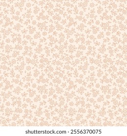 Cute floral background. Floral pattern with small beige hand drawn outline flowers on a ivory background. Seamless pattern for design and fashion prints. Ditsy style. Stock vector illustration.