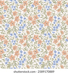 Cute floral background. Floral pattern with small  coral and blue flowers on a white background. Seamless pattern for design and fashion prints. Ditsy style. Stock vector illustration.