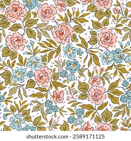 Cute floral background. Floral pattern with small blue and pink flowers on a white background. Seamless pattern for design and fashion prints. Ditsy style. Stock vector illustration. Hand drawn print