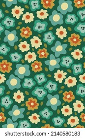 Cute floral background, seamless pattern with simple cartoon summer meadow. Botanical print with small flowers head, leaves on a green field. Vector illustration.