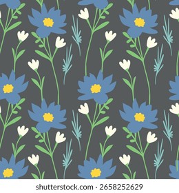 Fundo floral bonito, padrão sem costura com prado de flor decorativo, paisagem gráfica. Fundo botânico simples com pequenas flores desenhadas à mão, folhas em um campo escuro. Ilustração vetorial