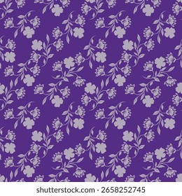 Cute floral background, seamless pattern with decorative flower meadow, graphic landscape. Simple botanical background with small hand-drawn flowers, leaves on a dark field. Vector illustration