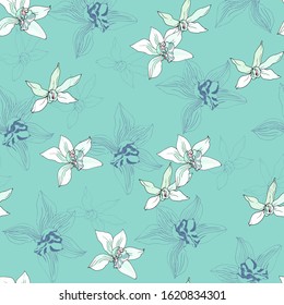 Cute floral background. Seamless vector texture of tropical flowers on a blue background for fabric, tile, paper.