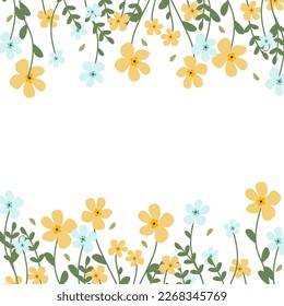 Cute floral background. Simple flowers top and bottom on a white background. Floral background for your design. Vector