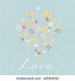Cute floral background with tender birds, heart and flower in cartoon style. Valentine card. Wedding invitation.