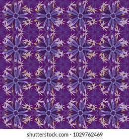 Cute floral background for textile, fabric, wrapping, scrapbooking. Childish design in violet, neutral and purple colors. Vector seamless pattern with stylized doodle flowers.