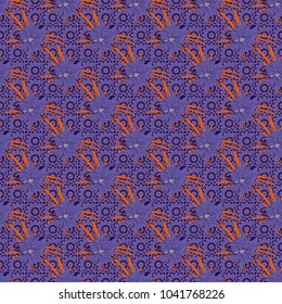 Cute floral background for textile, fabric, wrapping, scrapbooking. Childish design in violet, blue and orange colors. Vector seamless pattern with stylized doodle flowers.