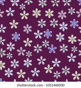 Cute floral background for textile, fabric, wrapping, scrapbooking. On purple, white and violet backdrop. Childish design. Vector seamless pattern with hand drawn doodle flowers.