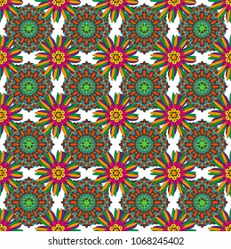 Cute floral background for textile, fabric, wrapping, scrapbooking. Childish design in brown, yellow and green colors. Vector seamless pattern with stylized doodle flowers.