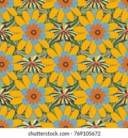 Cute floral background for textile, fabric, wrapping, scrapbooking. Childish design in blue, magenta and yellow colors. Vector seamless pattern with stylized doodle flowers.