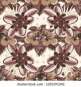 Cute floral background. Textile print for bed linen, jacket, package design, fabric and fashion concepts. Vector seamless pattern with hibiscus flowers and leaves in beige, pink and brown colors.