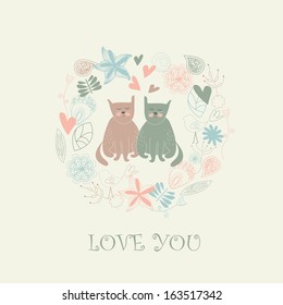 Cute floral background with two loving cats in cartoon style
